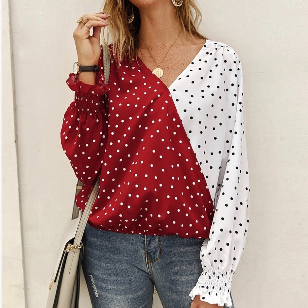 Red and White Polka Dot Color Block V-Neck Top